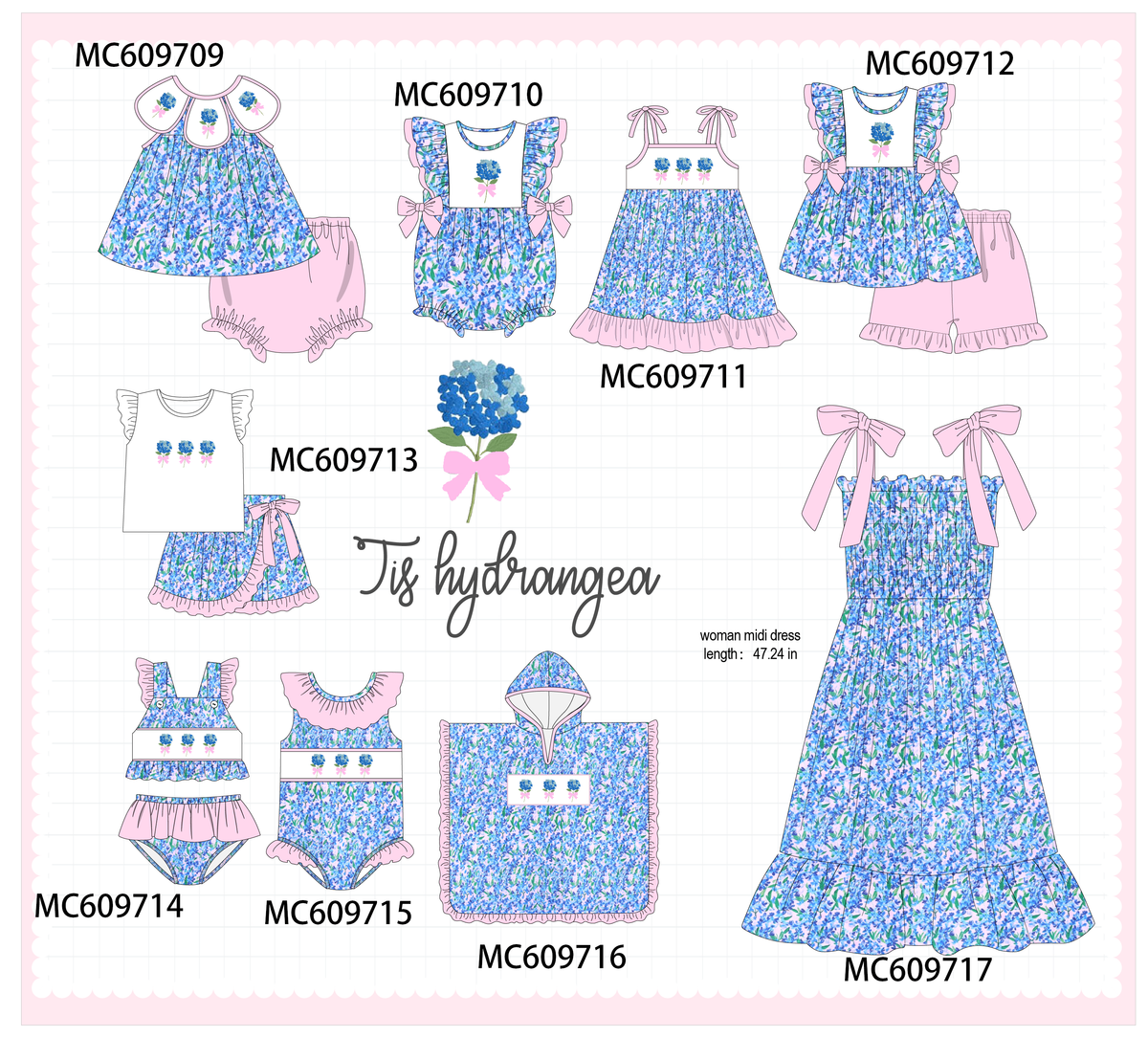 PO37: Blue Hydrangea Embroidery Floral Ruffle Collection (ETA March)
