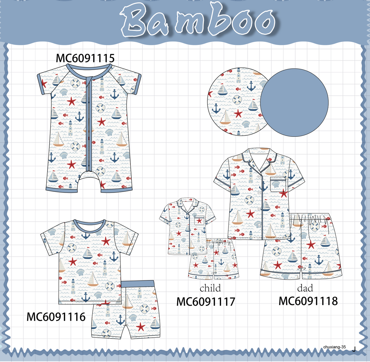 PO37: Blue Sailboat Print Bamboo Collection (ETA March)