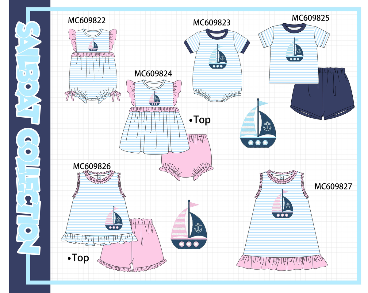 PO37: Blue Stripe Sailboat Embroidery Collection (ETA March)