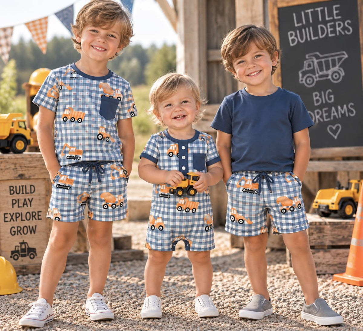 PO37: Blue Excavator Gingham Bamboo Collection (ETA March)