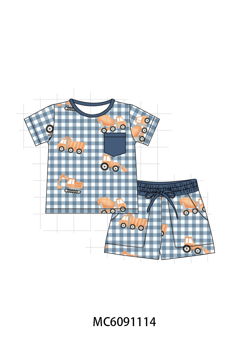 PO37: Blue Excavator Gingham Bamboo Collection (ETA March)