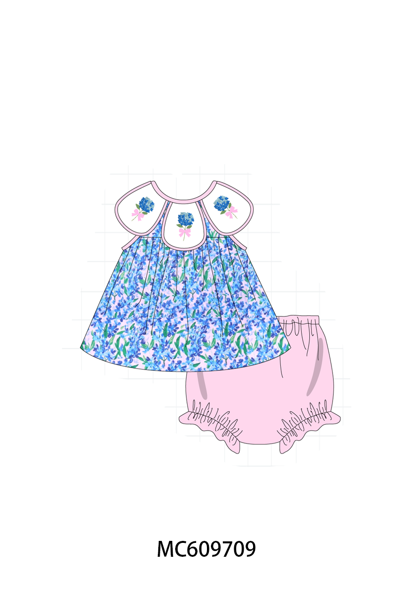 PO37: Blue Hydrangea Embroidery Floral Ruffle Collection (ETA March)