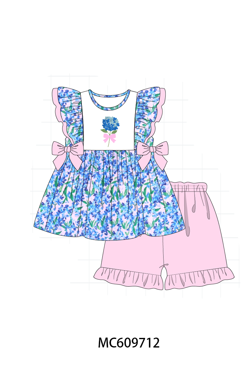 PO37: Blue Hydrangea Embroidery Floral Ruffle Collection (ETA March)