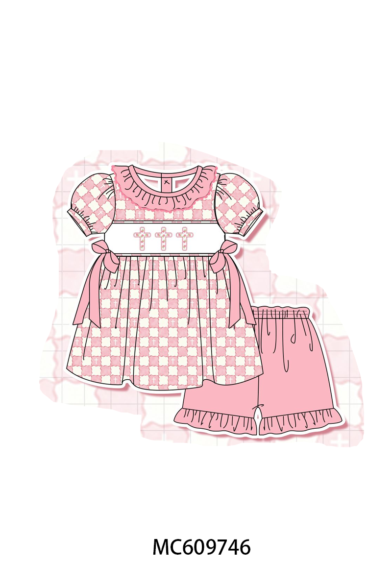 PO37: Pink Cross Embroidery Checkered Ruffle Collection (ETA March)
