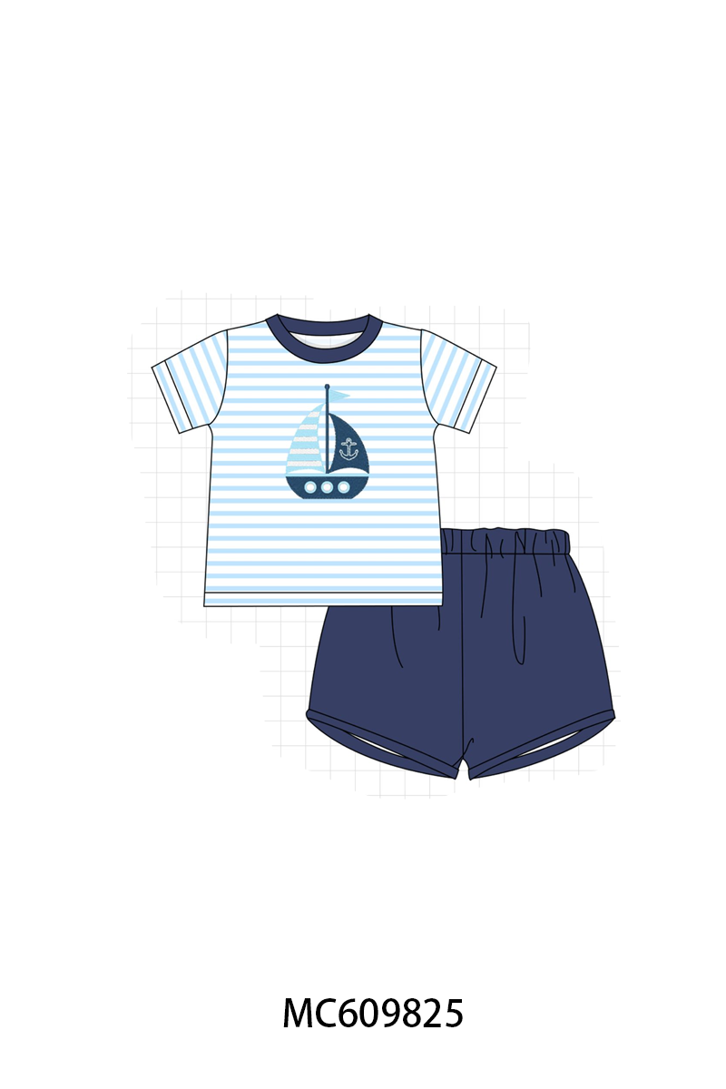 PO37: Blue Stripe Sailboat Embroidery Collection (ETA March)