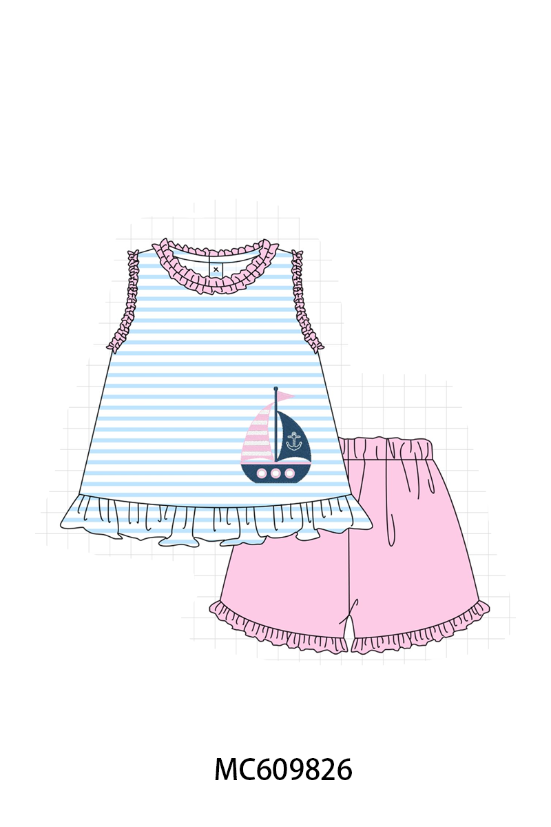 PO37: Blue Stripe Sailboat Embroidery Collection (ETA March)