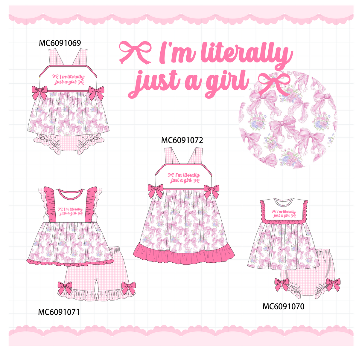 PO37: Pink Bow Print Embroidery Ruffle Gingham Collection (ETA March)