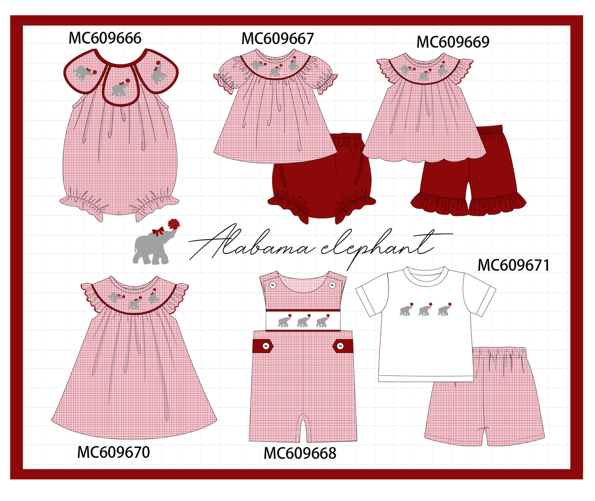 PO37: Red Alabama Elephant Embroidery Gingham Collection (ETA March)